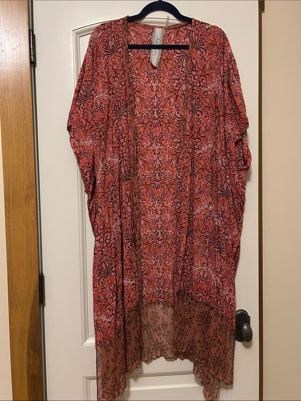 Anthropologie Aratta Beaded and Embroidered Salmon Floral Open-Front Kimono